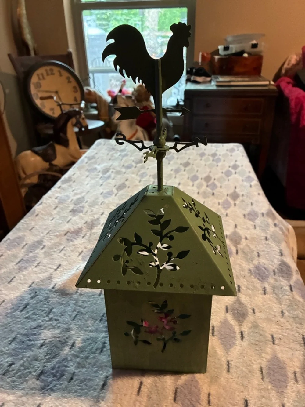Olive Green Metal Rooster Lantern by